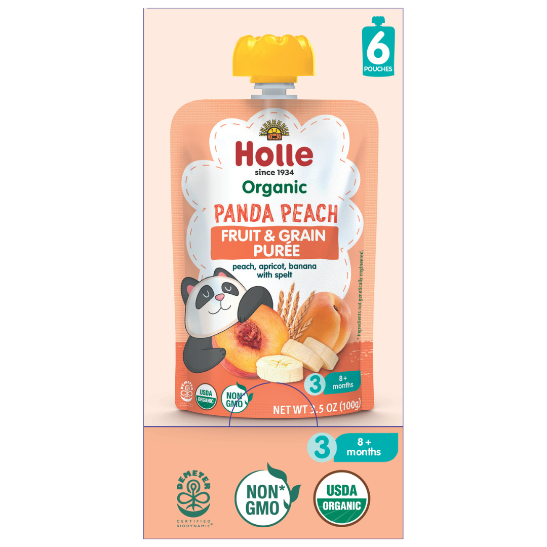 Holle Baby Food Pouches - Organic Fruit &amp; Grain Puree -  Panda Peach